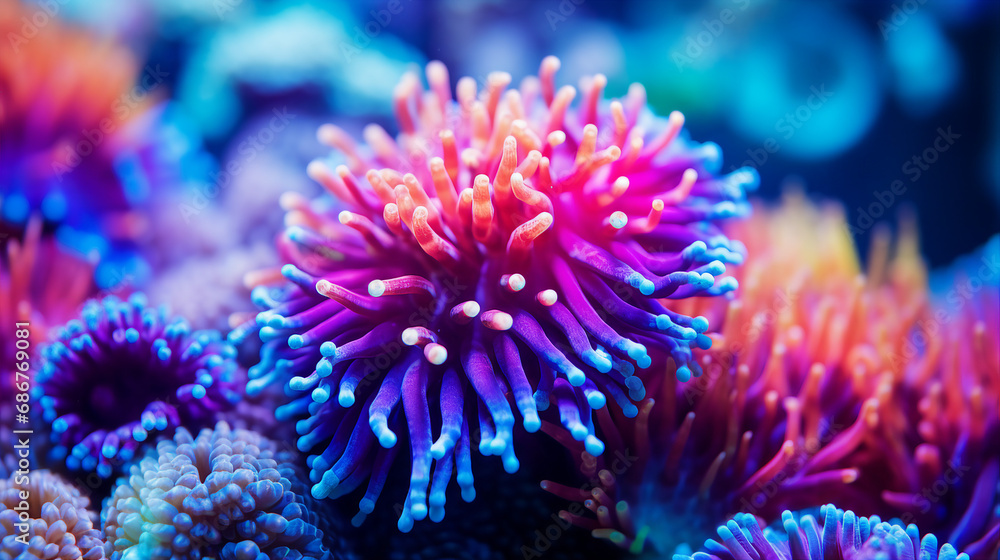 Poster Close-Up of Colorful Coral Polyps in Pristine Waters Background