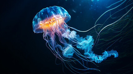 Bioluminescent Jellyfish Illuminating the Dark Ocean Depths Background