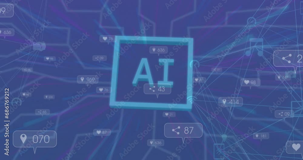 Poster animation of ai text, square in brain with notification bars over abstract background