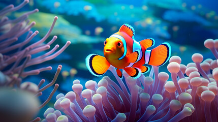 Obraz na płótnie Canvas Colorful Sea Anemones Hosting Clownfish in Vibrant Coral Background