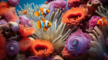 Colorful Sea Anemones Hosting Clownfish in Vibrant Coral Background