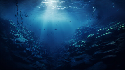 Fototapeta na wymiar Dark Blue Ocean Floor with Mysterious Underwater Creatures Background