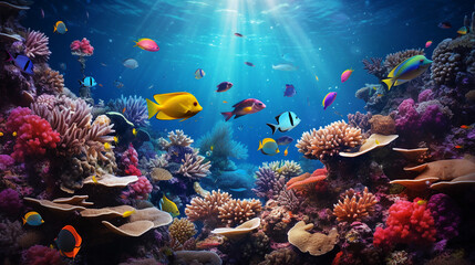 Fototapeta na wymiar Coral Garden Teeming with Colorful Fish Background