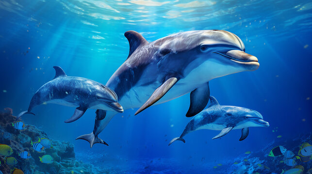 Deep Blue Sea with a Pod of Dolphins Swimming Background
