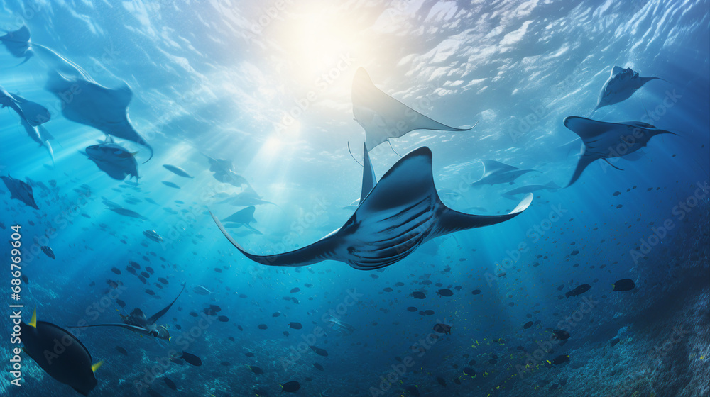 Poster Giant Manta Rays Gliding Through Open Ocean Background