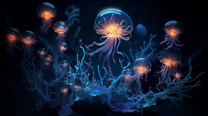 Glowing Bioluminescent Organisms in the Dark Abyss Background