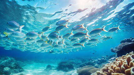 Fototapeta na wymiar Schools of Tropical Fish Swimming in Clear Ocean Waters Background