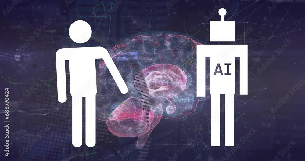Poster animation of human representation and ai text in robot, binary codes in speech bubble over brain