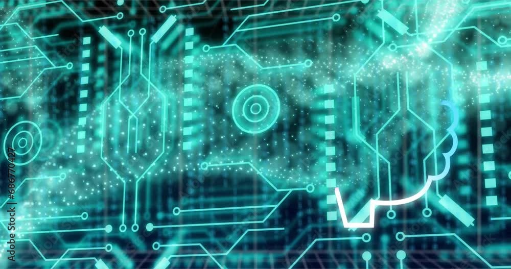 Poster animation of robot, binary codes in speech bubble, dynamic wave and circuit board pattern
