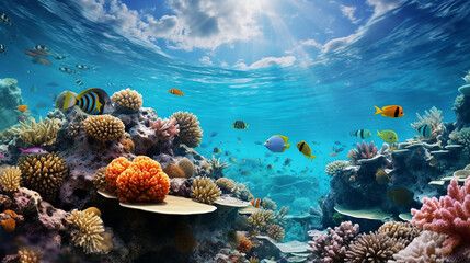 Naklejka na ściany i meble Submerged Coral Reef with Colorful Marine Life Background