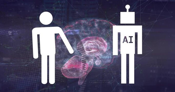 Animation of human representation and ai text in robot, binary codes in speech bubble over brain