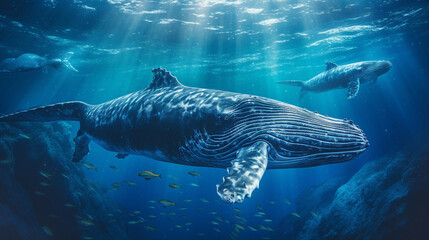 Fototapeta premium Whales Gliding Through the Deep Blue Ocean Depths Background