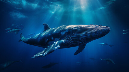 Fototapeta premium Whales Gliding Through the Deep Blue Ocean Depths Background
