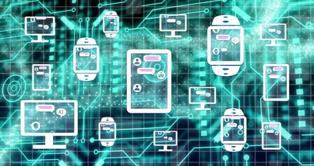 Animation of ai chat interface in smartwatch, digital tablet and computer over dynamic wave pattern - Powered by Adobe