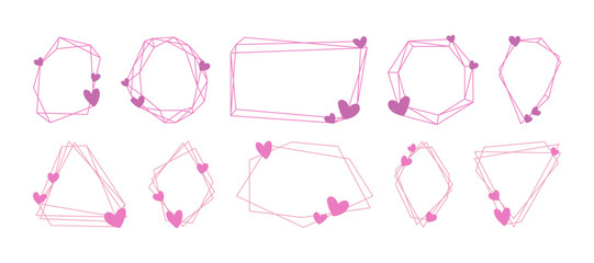 Pink polygonal geometric frames set. Decorative lines borders with hearts, festive decoration. Line frames for Valentine's day, for wedding invitation card, celebration and holidays, poster and banner