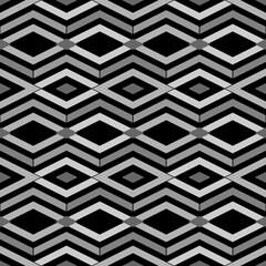 Repeated grey figures on black background. Ethnic wallpaper. Seamless surface pattern design with rhombuses and lines ornament. Diamonds motif. Digital paper for textile print, web designing. Vector