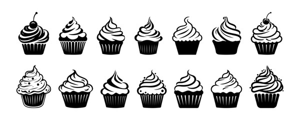 Set of black cupcakes, muffin logo. Pastry shop logo. Vector illustrations isolated on white background. Can be used as icon, sign or symbol - cupcake silhouette, cake, sweet pastries, muffin. - obrazy, fototapety, plakaty