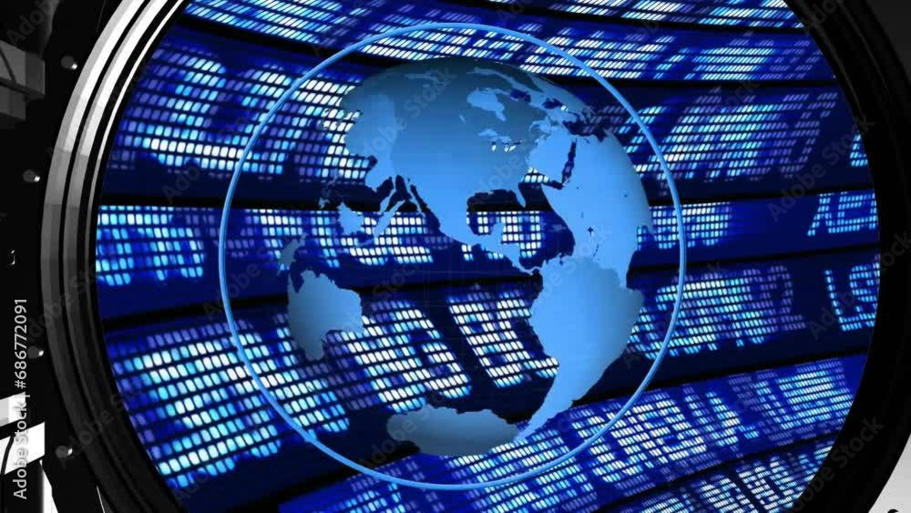 Poster animation of globe in circle, trading board and computer language in closing vault door