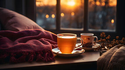 Embracing Winter's Coziness: A Mug of Hot Tea on a Chair, Draped with a Woolen Blanket, in a Living Room Warmed by a Fireplace on a Chilly Day