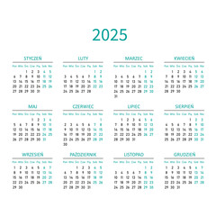 2025 calendar minimalist on polish language. Poland calendar. Week starts from Monday. Vector graphic.