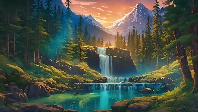 Hidden within secluded forest Alaska, enchanting Aurora Veil Falls glimmers moonlight breathtaking sight northern lights cascading down cascading cliffs leaves visitors 2d animation