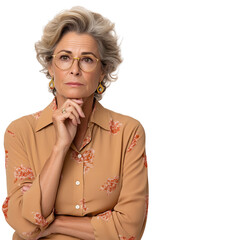 portrait of a senior woman resting her chin on her hand while thinking