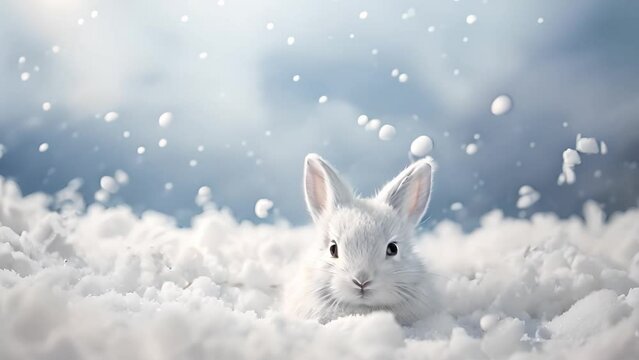 Cute bunny ears in the fresh white snow with blue sky. Winter theme rabbit, Easter or Christmas bunny concept in beautiful winter landscape with copy space space for text Snow falling