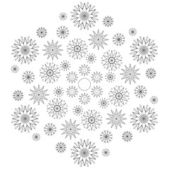 Many snowflakes on white background. Monochrome decorative design element. Mandala ornament vector illustration. Coloring page design. Black and white tattoo.  