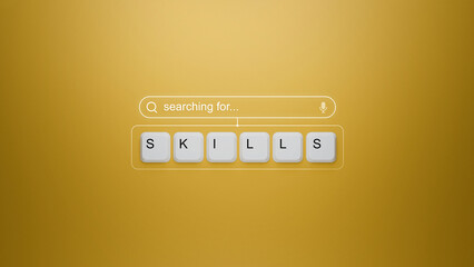 Keyboard keys spelling SKILLS on a vibrant yellow background with a digital search bar graphic, highlighting the importance of expertise and professional competency