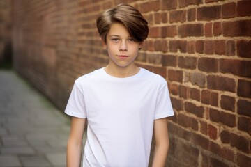 White blank t shirt mock up. Boy brick wall background