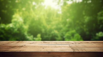 Morning atmosphere with an empty wooden table with a green background.
