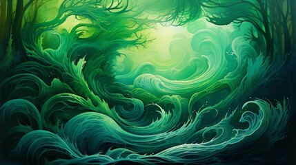 waves in shades of emerald and forest green, reminiscent of a tranquil forest glade.