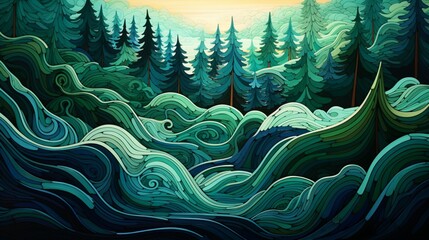 waves in shades of emerald and forest green, reminiscent of a tranquil forest glade. - obrazy, fototapety, plakaty