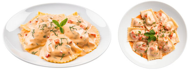 Fototapeta na wymiar Lobster ravioli pasta with creamy sauce isolated on white background, side and top view, food bundle