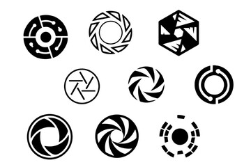 Camera shutter and lens icon diaphragm. Camera shutter and camera lens icon collection. Black white lens aperture. Vector illustration