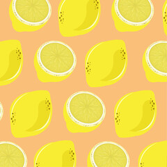 A yellow lemon with a piece of lemon on isolated orange background. A yellow lemons for textile used in juice concept