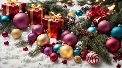 top view of a colorful Christmas and New Year composition with Christmas tree toys