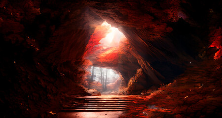 A mysterious cave with a staircase leading to the light among the trees. Generative AI