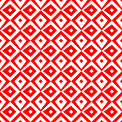 Repeated red figures on white background. Ethnic wallpaper. Seamless surface pattern design with rhombuses ornament. Diamonds motif. Digital paper for textile print, web designing. Vector art