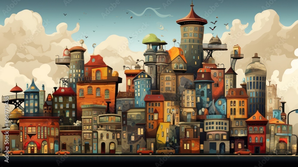 Poster a group of people standing in front of a building with a clock tower in the middle of the building a