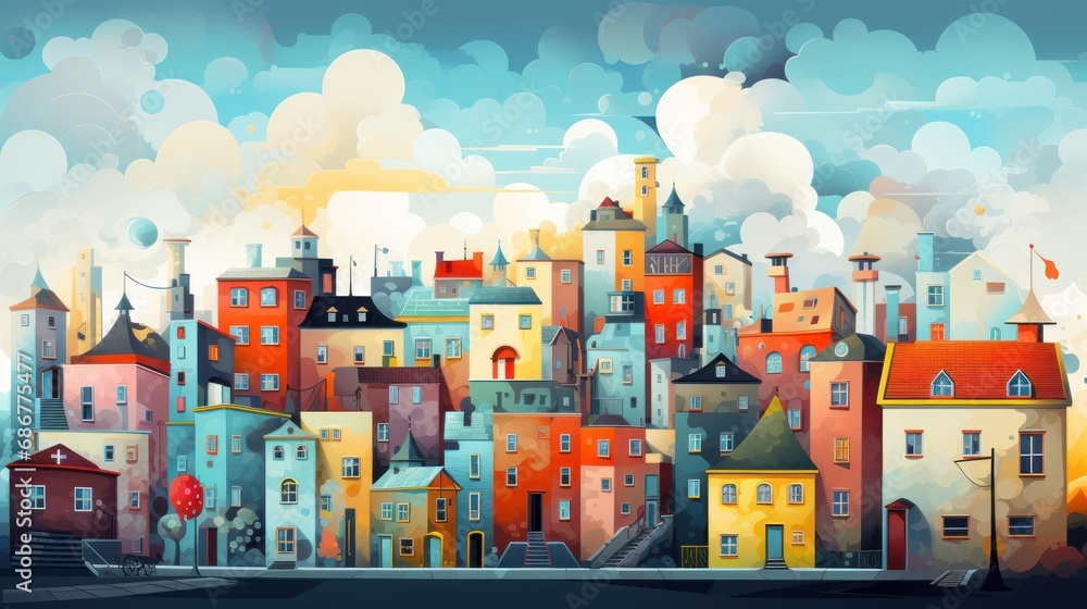 Poster an image of a city street scene with buildings and a clock tower in the middle of the picture and a 