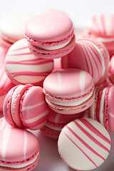 Fototapeta na wymiar pink and white striped macaroons on a white surface, in the style of dark red and light crimson, monochromatic created with Generative Ai