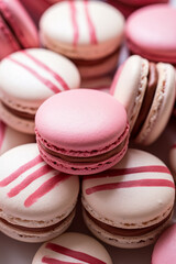 Fototapeta premium pink and white striped macaroons on a white surface, in the style of dark red and light crimson, monochromatic created with Generative Ai