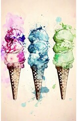 Colorful watercolor style summer ice-cream illustration featuring an array of ice cream scoops nestled in a wafer cone.