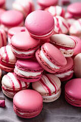 Obraz na płótnie Canvas pink and white striped macaroons on a white surface, in the style of dark red and light crimson, monochromatic created with Generative Ai