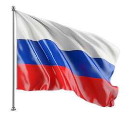 Russia flag with pole waving and isolated on transparent background, PNG file. Colorful russian flag.