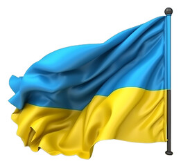 Ukraine flag with pole waving and isolated on transparent background, PNG file. Colorful ukrainian flag.