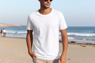 White blank t shirt mock up. Men beach background