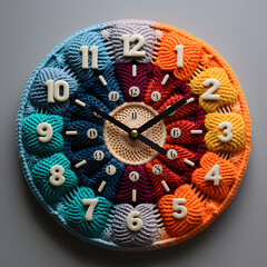 Clock face made of colourful Christmas knitted yarn on white background. Time concept