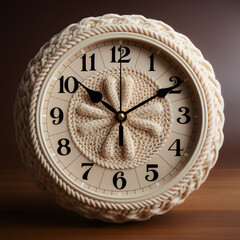 Clock face made of colourful Christmas knitted yarn on white background. Time concept